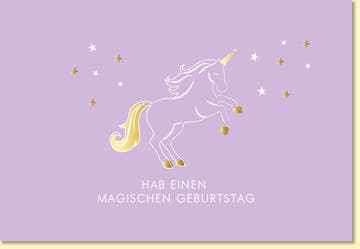 Geburtstagskarte für Kinder mit Einhorn und Sternen auf lila Hintergrund Magischer Geburtstagsgruß Doppelkarte Kindergeburtstag