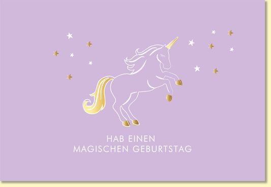 Geburtstagskarte für Kinder mit Einhorn und Sternen auf lila Hintergrund Magischer Geburtstagsgruß Doppelkarte Kindergeburtstag