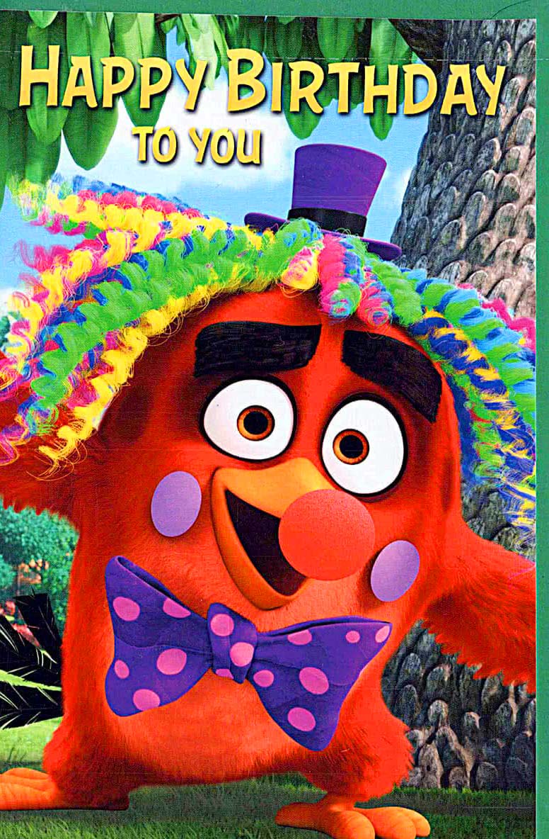 Geburtstagskarte für Kinder mit lustigem rotem Vogel bunter Lockenperücke und lila Fliege fröhliche Doppelkarte zum Kindergeburtstag