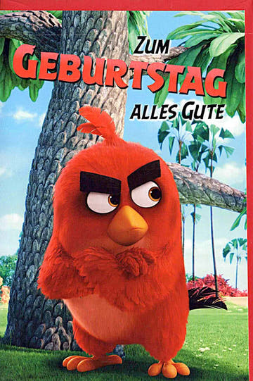 Geburtstagskarte für Kinder mit lustigem rotem Vogel und Palmen farbenfrohe Doppelkarte zum Geburtstag alles Gute witzige Grußkarte