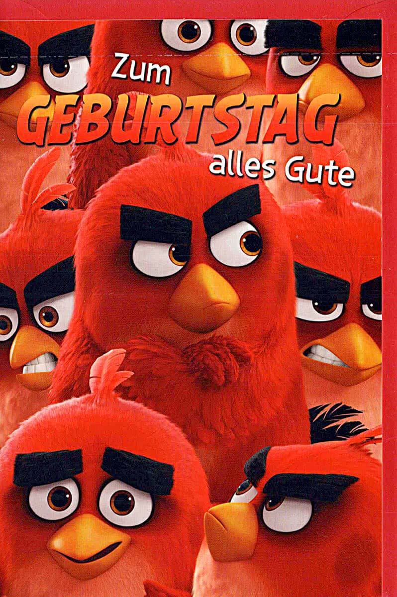Geburtstagskarte für Kinder mit lustigen Angry Birds Motiven und fröhlichem Spruch alles Gute zum Geburtstag farbenfrohe Doppelkarte