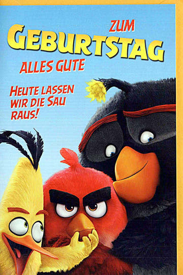 Geburtstagskarte für Kinder mit lustigen Angry Birds Motiven und Spruch Alles Gute zum Geburtstag farbenfrohe Doppelkarte