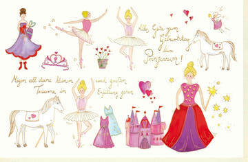 Geburtstagskarte für Kinder mit Prinzessin Einhorn Schloss Ballerina und Krone liebevoll illustriert zauberhafte Doppelkarte für Mädchen