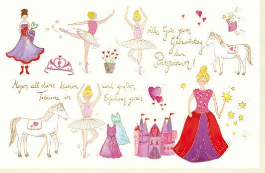 Geburtstagskarte für Kinder mit Prinzessin Einhorn Schloss Ballerina und Krone liebevoll illustriert zauberhafte Doppelkarte für Mädchen