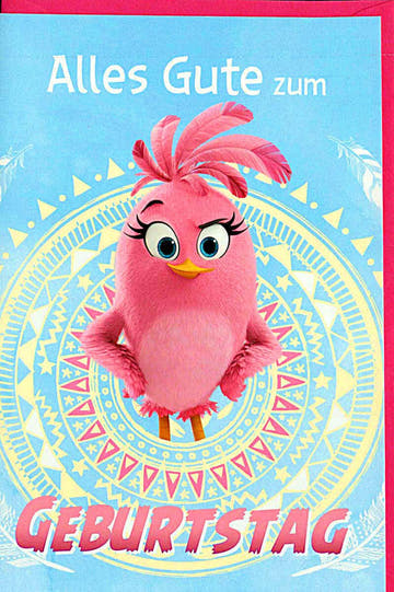 Geburtstagskarte für Kinder mit süßem pinken Vogel und fröhlichem Alles Gute zum Geburtstag Motiv farbenfroh und lustig