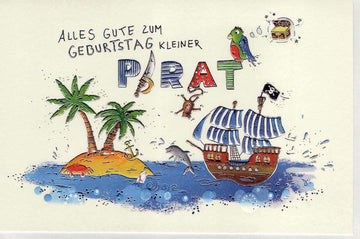 Geburtstagskarte für Kinder Pirat mit Schatzinsel Papagei und Piratenschiff fröhliche Doppelkarte zum Kindergeburtstag