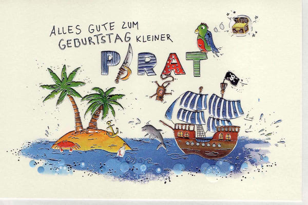 Geburtstagskarte für Kinder Pirat mit Schatzinsel Papagei und Piratenschiff fröhliche Doppelkarte zum Kindergeburtstag