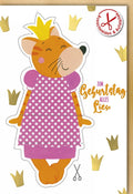 Geburtstagskarte für Kinder: Süße Katze im gepunkteten Kleid mit Krone und Blumenmotiv