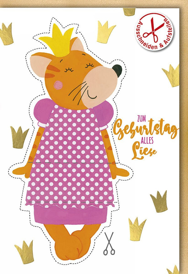 Geburtstagskarte für Kinder: Süße Katze im gepunkteten Kleid mit Krone und Blumenmotiv