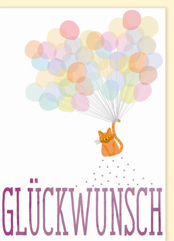 Geburtstagskarte für Kinder: Süße Katze mit Ballons in Pastell - Lustige Einladung & Glückwünsche im Cartoon - Stil