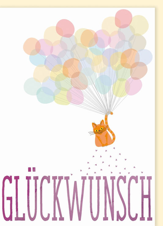 Geburtstagskarte für Kinder: Süße Katze mit Ballons in Pastell - Lustige Einladung & Glückwünsche im Cartoon - Stil