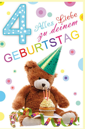 Geburtstagskarte für Kinder: Teddybär - Party zum 4. Geburtstag mit Glitzer - Konfetti und Kerzenmotiv