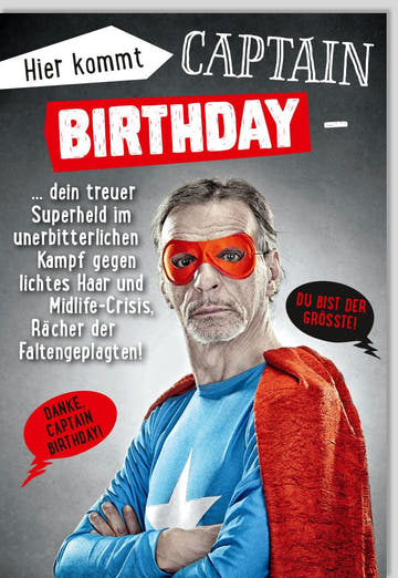 Geburtstagskarte für Männer Captain Birthday Superheld lustig witzige Karte Midlife Crisis Falten Retter originelle Doppelkarte