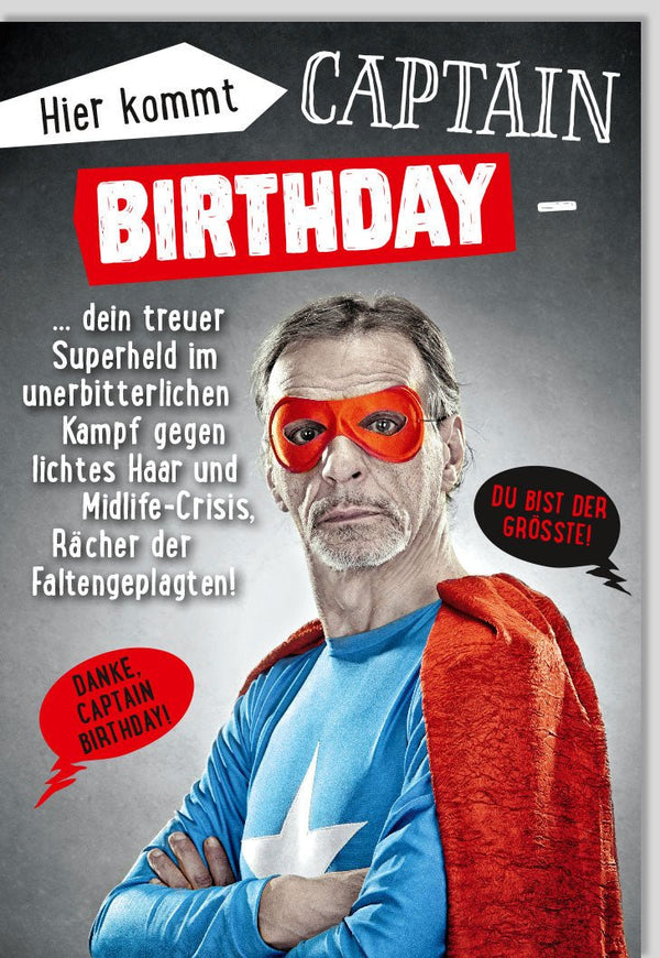 Geburtstagskarte für Männer Captain Birthday Superheld lustig witzige Karte Midlife Crisis Falten Retter originelle Doppelkarte