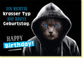 Geburtstagskarte für Männer coole Katze mit Kapuze lustig witzige Doppelkarte zum Geburtstag für echte Typen blaue Augen