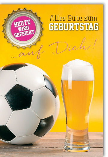 Geburtstagskarte für Männer - Fußball & Bier Thema, Prost auf die Feier, Glückwunschkarte im Cheers Design