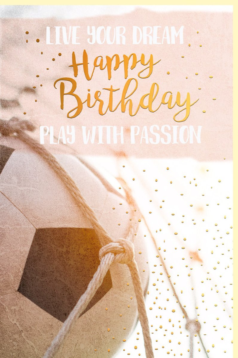 Geburtstagskarte für Männer - Fußball - Motiv mit Goldakzenten, Stilvolle Karte für Sportfans, Torjubel - Design in Orange