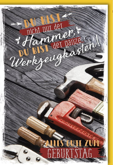 Geburtstagskarte für Männer - Humorvolle Spruchkarte mit Werkzeug - Design in Holzoptik, Perfekt für Handwerker und Vintage - Liebhaber