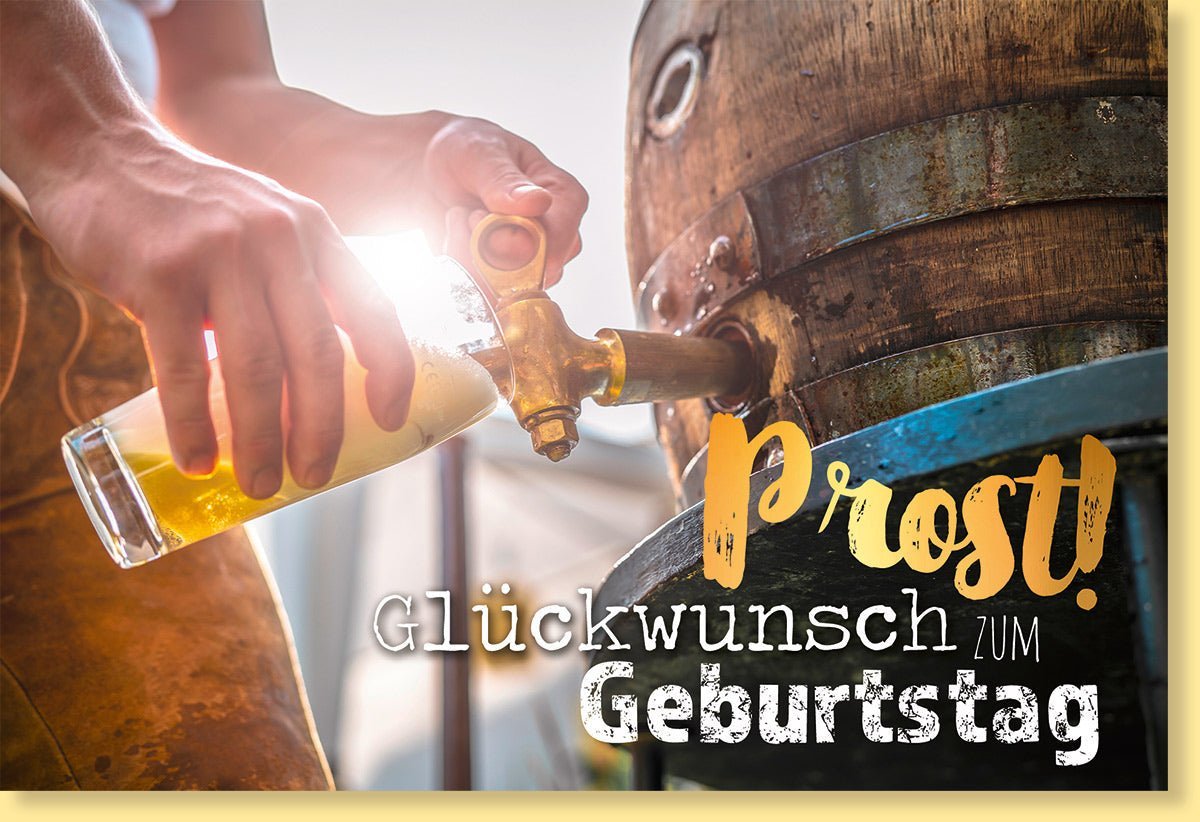 Geburtstagskarte für Männer - Humorvolles Bierglas & Fass Design mit Zapfhahn, Goldakzente - Originelle Glückwunschkarte für Herren, Gelb
