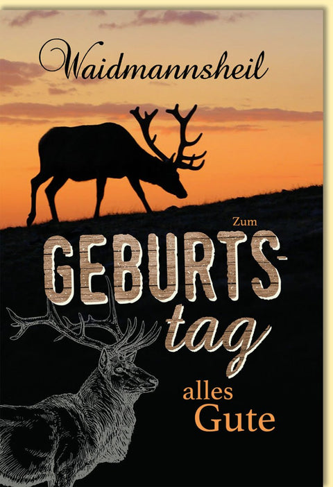 Geburtstagskarte für Männer mit Hirschmotiv und Waidmannsheil im Sonnenuntergang stilvolle Doppelkarte alles Gute zum Geburtstag