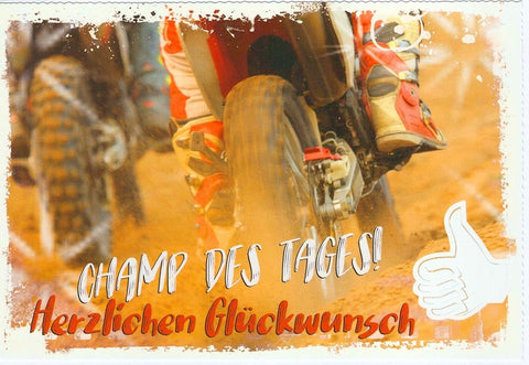 Geburtstagskarte für Männer mit Motorrad - Motiv und Spruch Champ des Tages Herzlichen Glückwunsch coole Doppelkarte für Motorsport - Fans