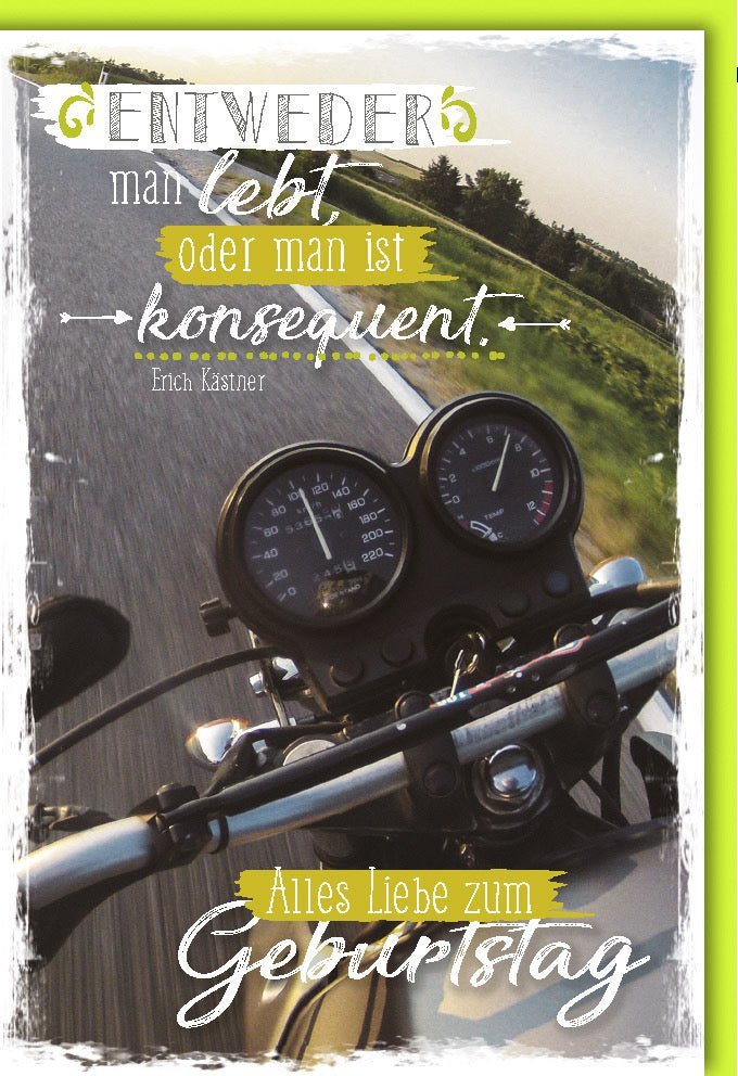 Geburtstagskarte für Männer - Retro Motorrad Tacho mit Erich Kästner Zitat, Perfekt für Auto - Fans, Einzigartige Glückwünsche im Vintage Stil