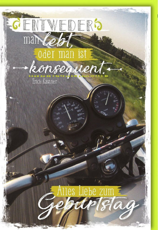 Geburtstagskarte für Männer - Retro Motorrad Tacho mit Erich Kästner Zitat, Perfekt für Auto - Fans, Einzigartige Glückwünsche im Vintage Stil