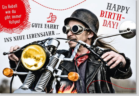 Geburtstagskarte für Männer - Vintage Biker - Design mit Motorrad, Lederjacke & Helm, lustig und cool