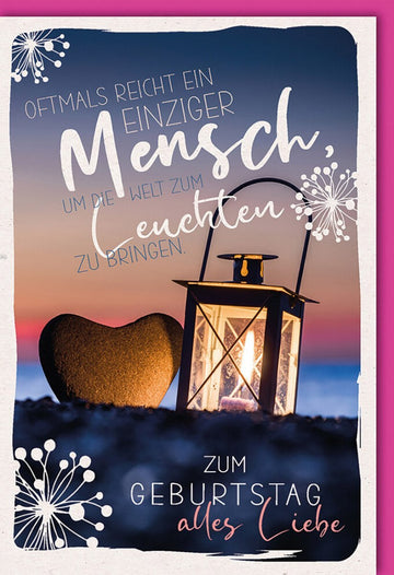 Geburtstagskarte für Partner – Romantische Zweisamkeit am Meer mit Herz - Laterne und Sonnenuntergang, Emotionale Glückwünsche voller Innigkeit