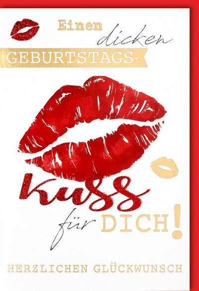 Geburtstagskarte für Partner - Stilvolles Rot-Gold Design mit Kussmotiv und liebevollen Glückwünschen