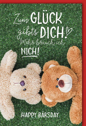 Geburtstagskarte für Partner: Zwei Teddybären auf Grün mit "Zum Glück gibts dich" Schriftzug