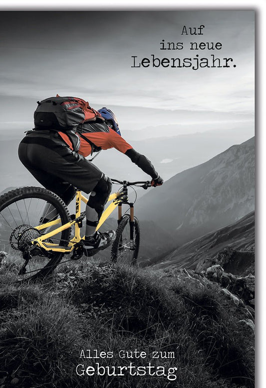 Geburtstagskarte für Radfahrer – Mountainbiker auf Bergpfad in Schwarz - Weiß mit Gelbem Akzent