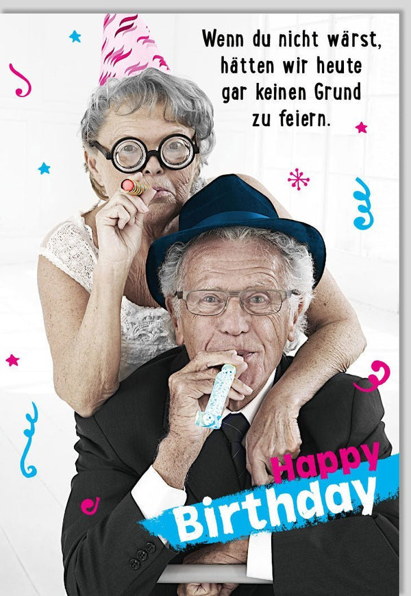 Geburtstagskarte für Rentner: Humorvolles Design mit witzigem Ehepaar - Perfekt für eine fröhliche Geburtstagsfeier