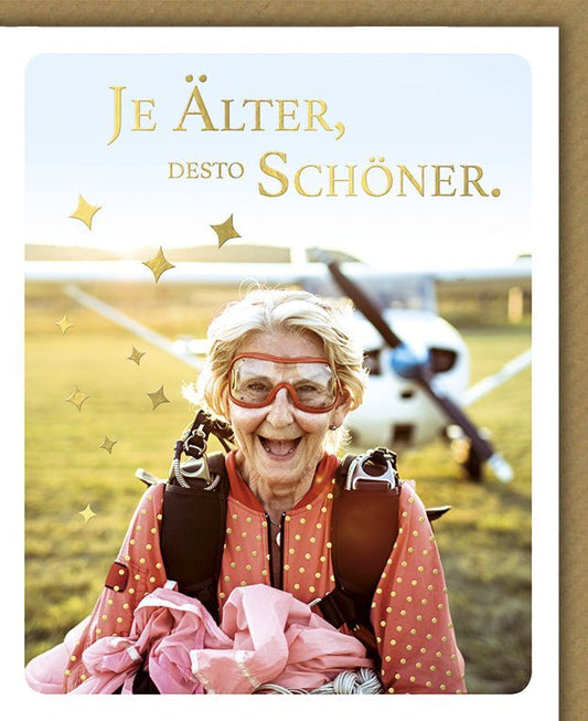 Geburtstagskarte für Senioren: Humorvolles Fallschirmsprung - Motiv mit inspirierendem Spruch & Lebensfreude
