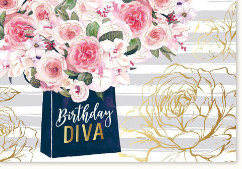 Geburtstagskarte für Sie: Elegante Diva mit Blumen und Goldschrift, Rosa Design, Edle Karte zur Feier