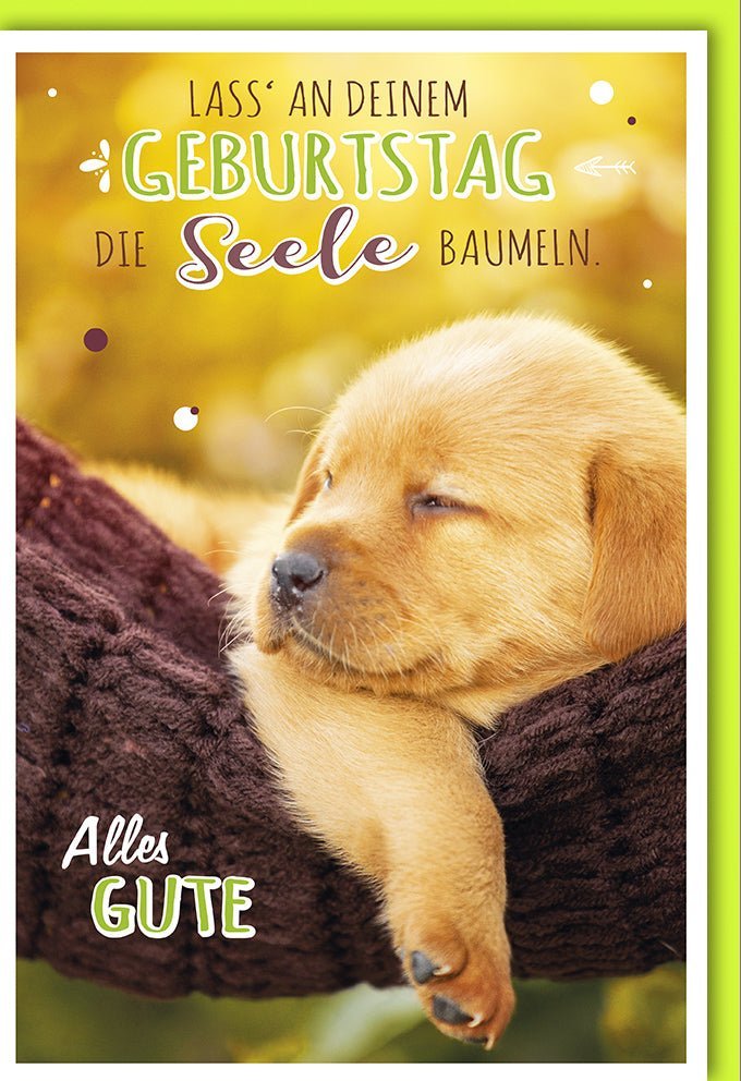 Geburtstagskarte für Tierliebhaber: Gelber Hund, Natur & Entspannung – Handgeschriebenes Wohlfühl - Design