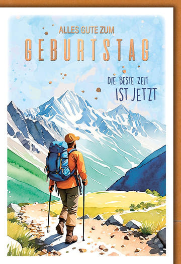 Geburtstagskarte für Wanderer – Bergsteiger in Aquarell mit inspirierendem Zitat