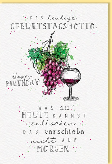 Geburtstagskarte für Weinliebhaber: Elegante Glückwunschkarte mit Weinmotiv, Naturkarton in Lila & Grün, Perfekt für stilvolle Feiern