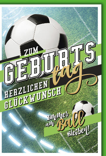 Geburtstagskarte Fußballfans – Fußballfeld mit Ball und dynamischem Schriftzug