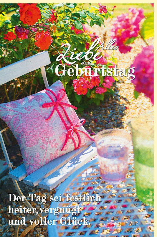 Geburtstagskarte "Gartenfreuden" - Fröhliches Blumen - & Stuhlmotiv für heitere Glückwünsche