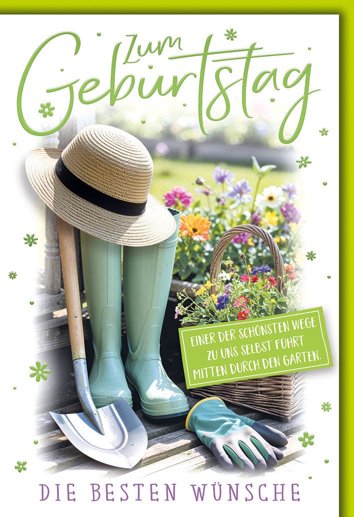 Geburtstagskarte Gartenliebhaber – Gummistiefel und Strohhut mit Blumenarrangement