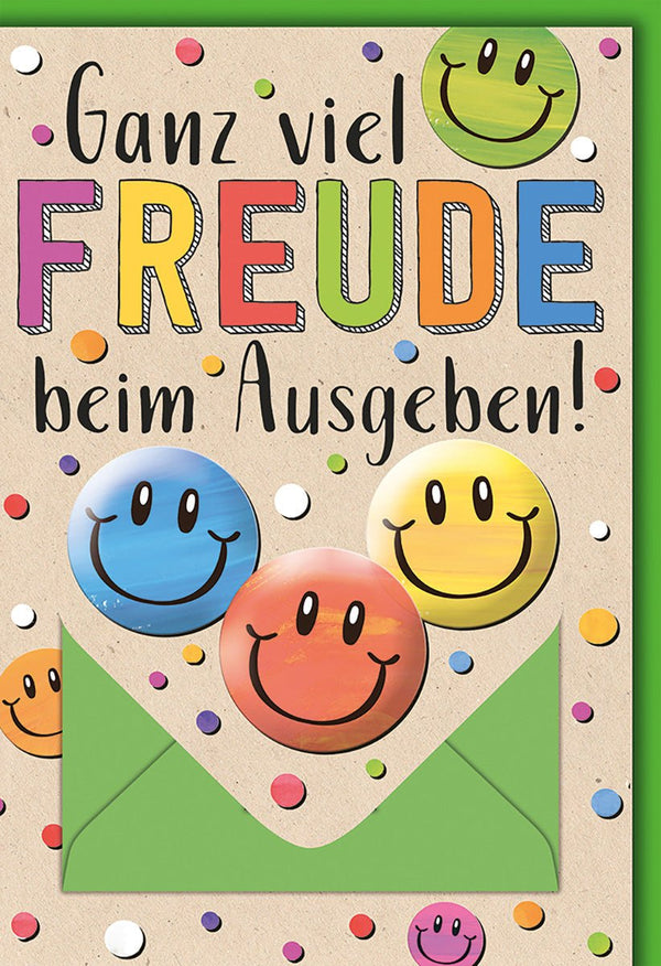 Geburtstagskarte Geldgeschenk – Bunte Smileys mit Konfetti und fröhlichem Design