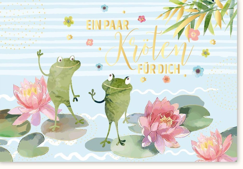 Geburtstagskarte Geldgeschenk: Farbenfrohe Frosch - und - Seerosen Illustration, Kreative Glückwunschkarte mit Blumen für fröhliche Feiern