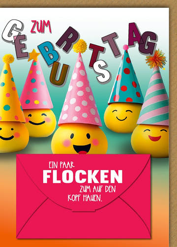 Geburtstagskarte Geldgeschenk – Fröhliche Emojis mit Partyhüten und witzigem Spruch
