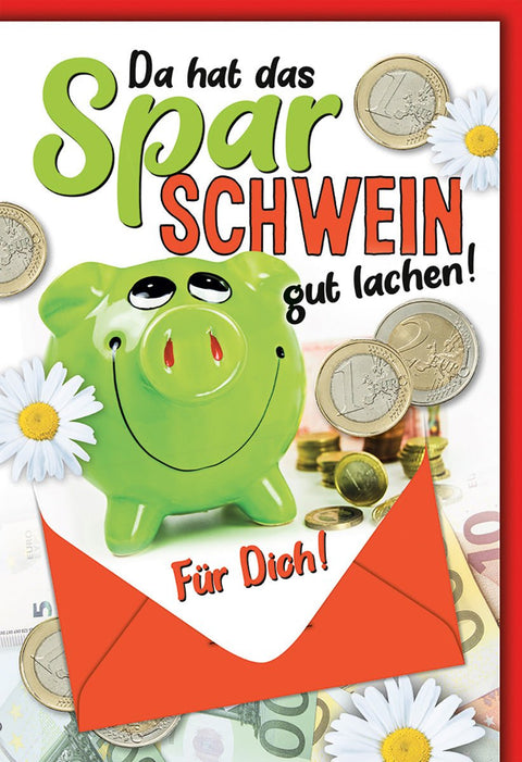 Geburtstagskarte Geldgeschenk – Grünes Sparschwein mit Münzen und fröhlichem Design