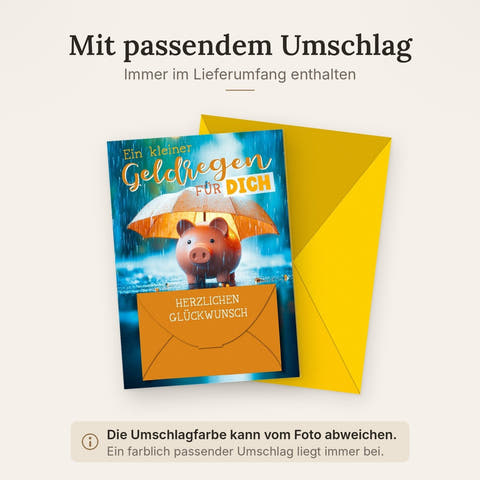 Geburtstagskarte Geldgeschenk – Niedliches Sparschwein mit Regenschirm und Regenmotiv