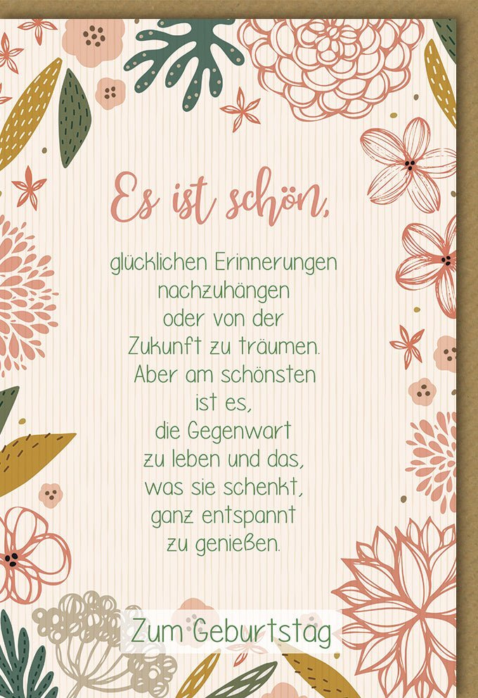 Geburtstagskarte "Genieße Gegenwart & Zukunft" - Handgeschriebener Spruch, Florale Muster in Beige, Rot & Grün - Neutrales Design für unvergessliche Momente