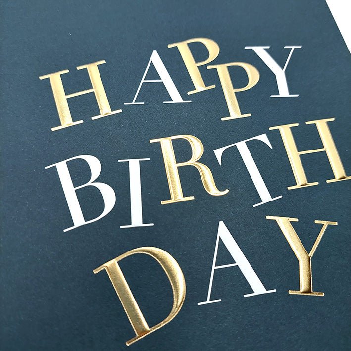 Geburtstagskarte geschäftlich edles Design Happy Birthday in Gold und Weiß auf dunkelblauem Hintergrund hochwertige Doppelkarte