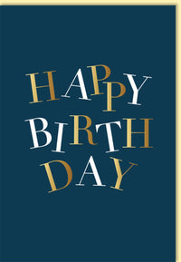 Geburtstagskarte geschäftlich edles Design Happy Birthday in Gold und Weiß auf dunkelblauem Hintergrund hochwertige Doppelkarte