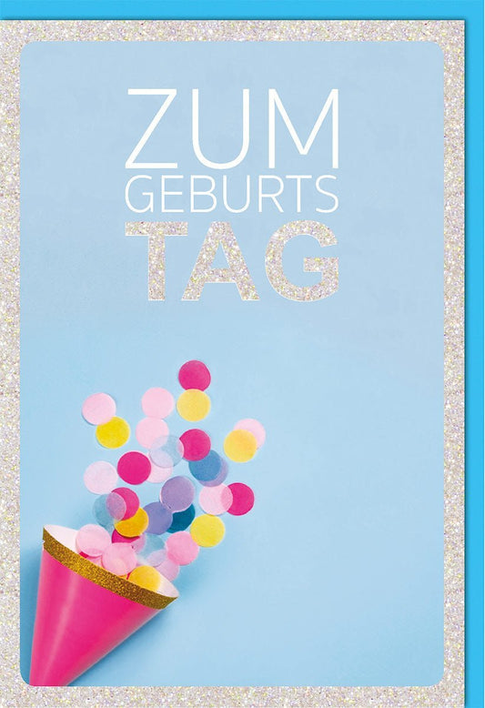 Geburtstagskarte Geschäftlich: Elegantes Konfetti - Design mit Glitzerrahmen auf Blau